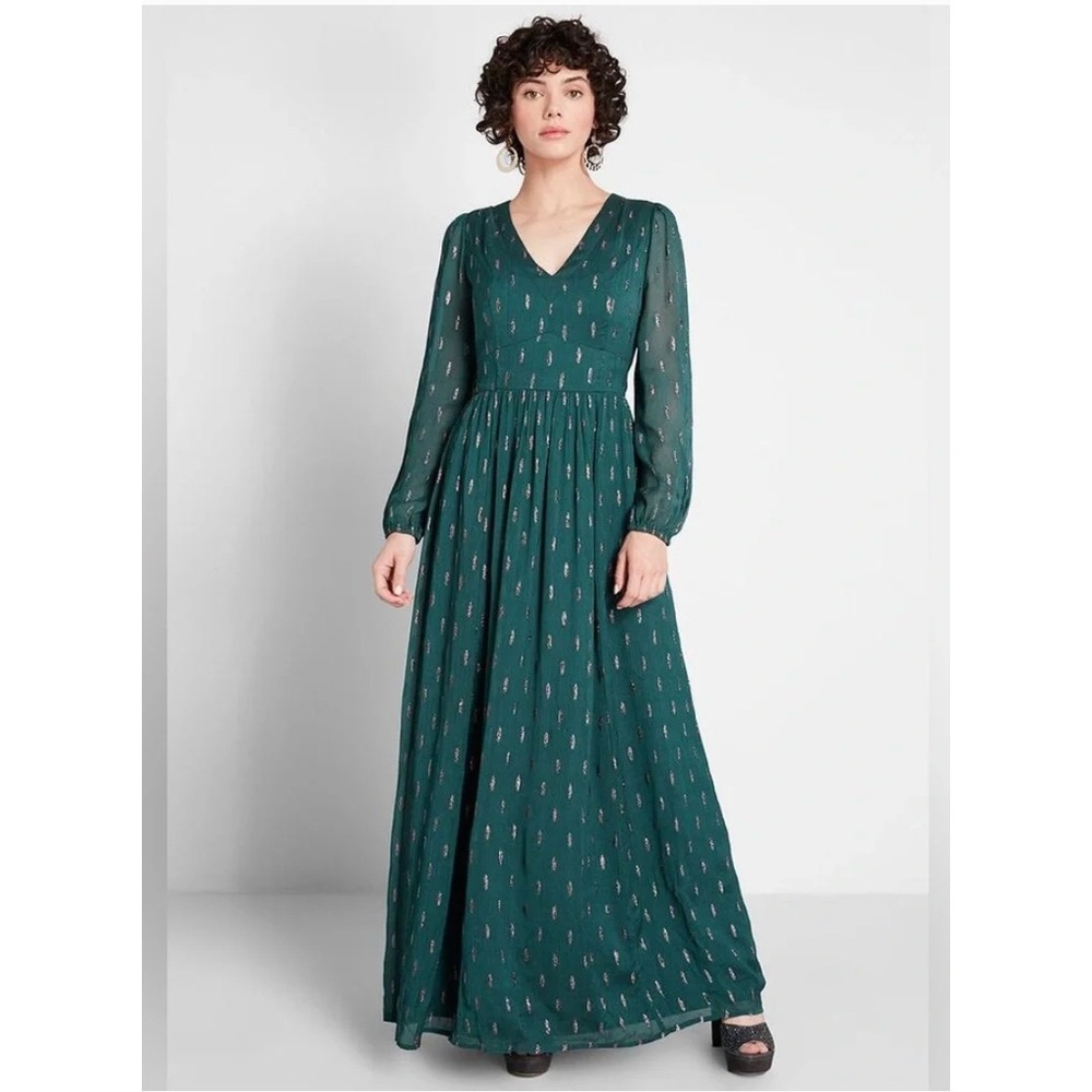 ModCloth An Enchanted Evening Emerald Green Metallic Clip Dot Maxi Dress Size 4X